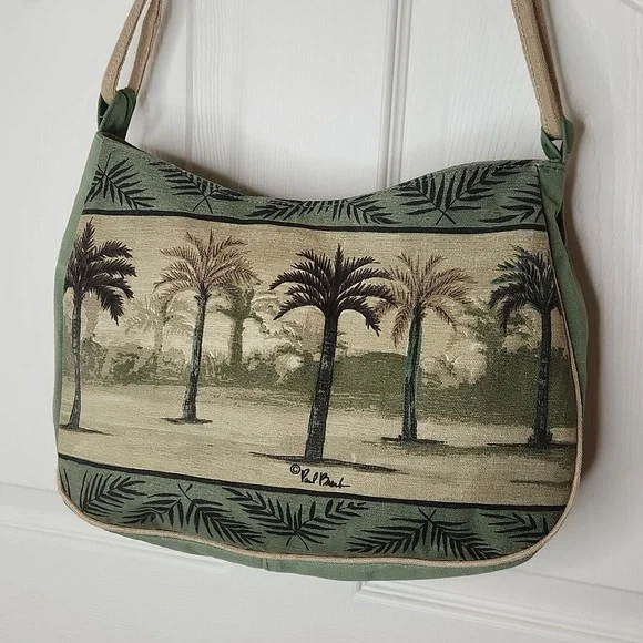 Paul Brent Palm Tree purse handbag canvas beaded army green - Picture 5 of 11